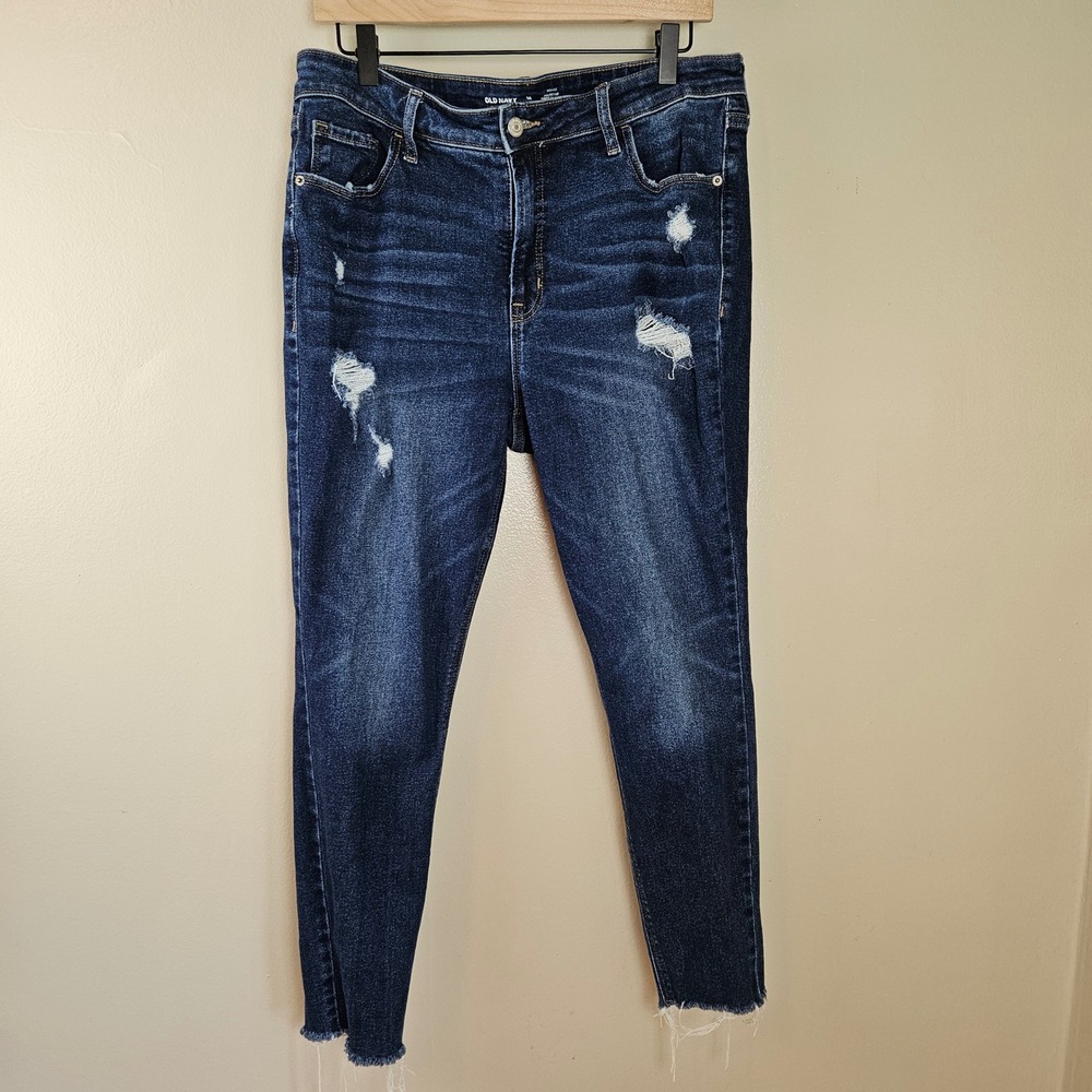 Old Navy Rockstar High Rise Distressed Skinny Jeans Sz 14 Dark Blue Wash Raw Hem